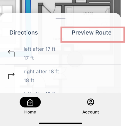 Mobile map: Preview Route active, directions show left after 17 ft and right after 18 ft; bottom bar shows Home. Preview Route button is highlighted.