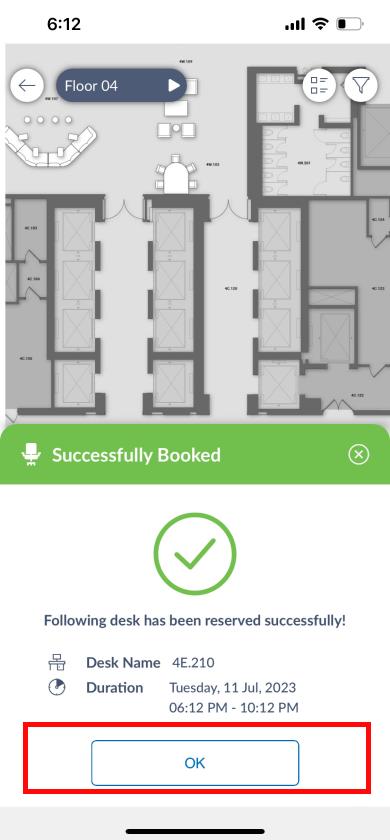 Booking confirmed: desk 4E.210 reserved Tue 11 Jul 2023, 6:12 PM–10:12 PM. Green success banner with OK button highlighted